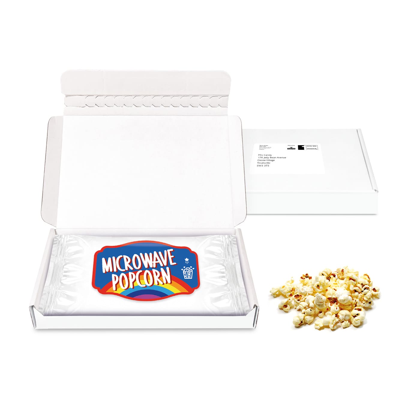 Gift Boxes - Mini White Postal Box - Microwave Popcorn - PAPER LABEL - Image 1